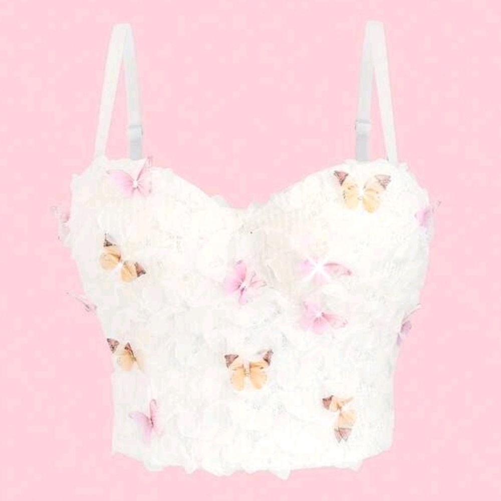 Cute Butterfly Lace Ditsy Floral Camisole With Padding, Backless Crop Top - Picture 3 of 7